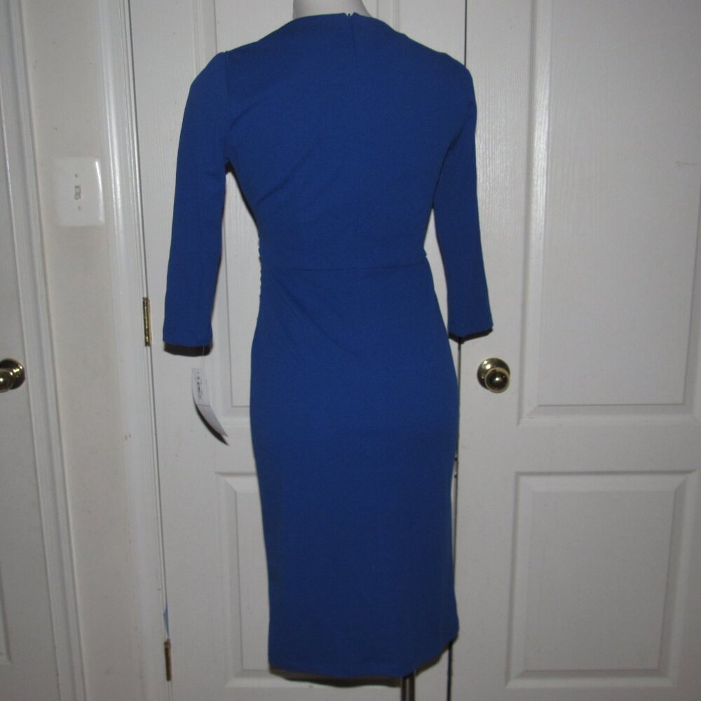 London Times Cobalt Blue Long-Sleeve Faux-Wrap Sheath Dress - Picture 5 of 10